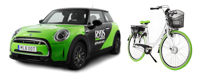 En bil och en cykel i Rydsbilglas färger och logga